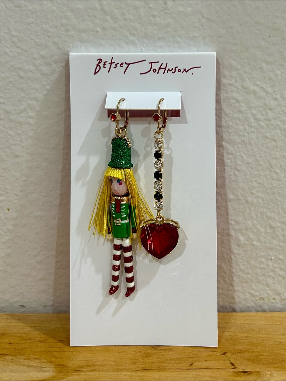 Betsey Johnson Nutcracker Elf Mismatched Christmas Dangle Drop Earrings Bling